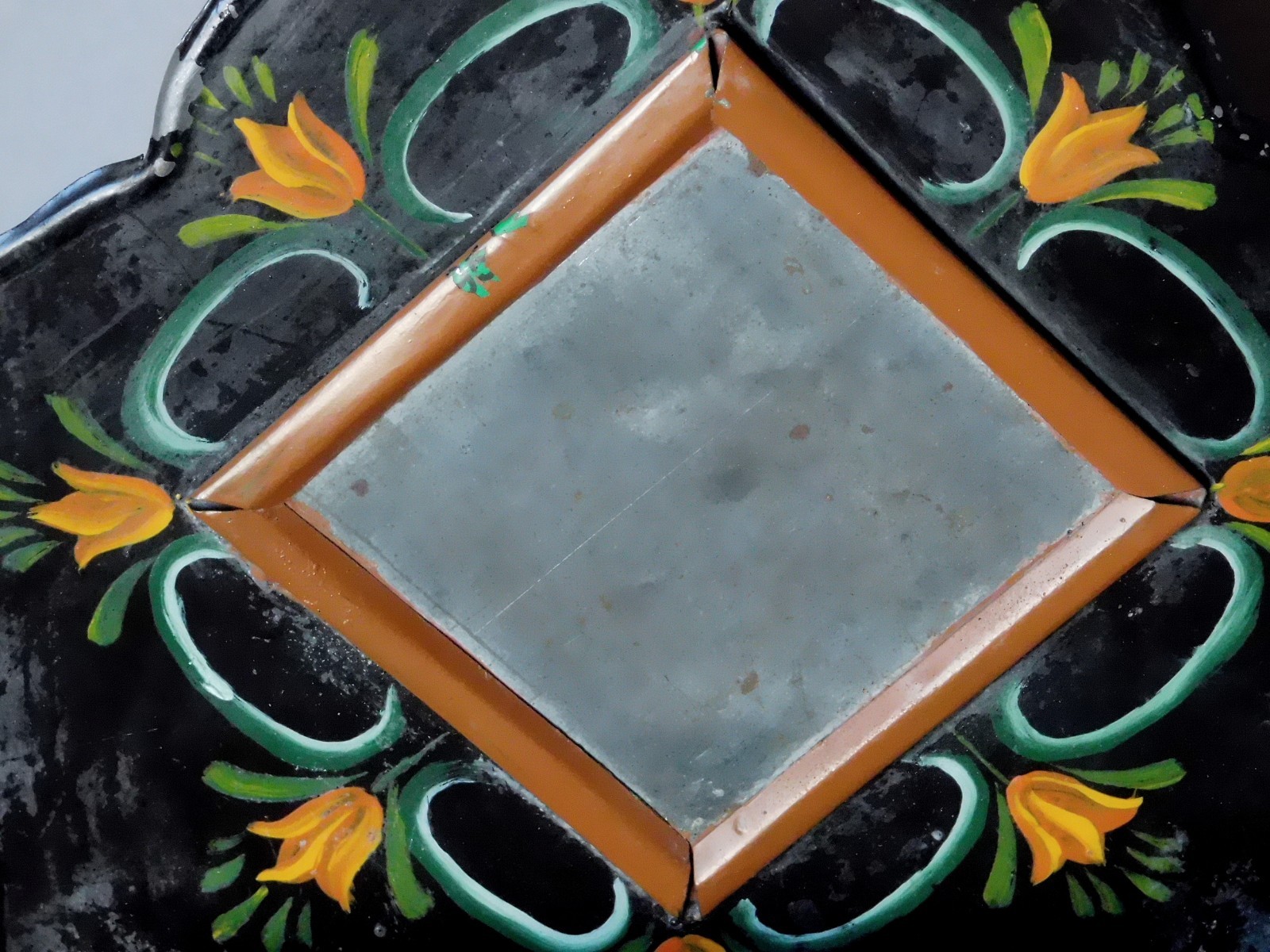 Antique Tole Wall mirror pocket tin painted flowers foliage candle box shelf