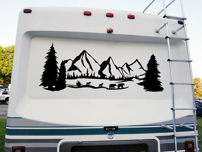 Bear Family Mountains Scenery Vinyl Decal V4 - RV Graphics Camper Travel Trailer