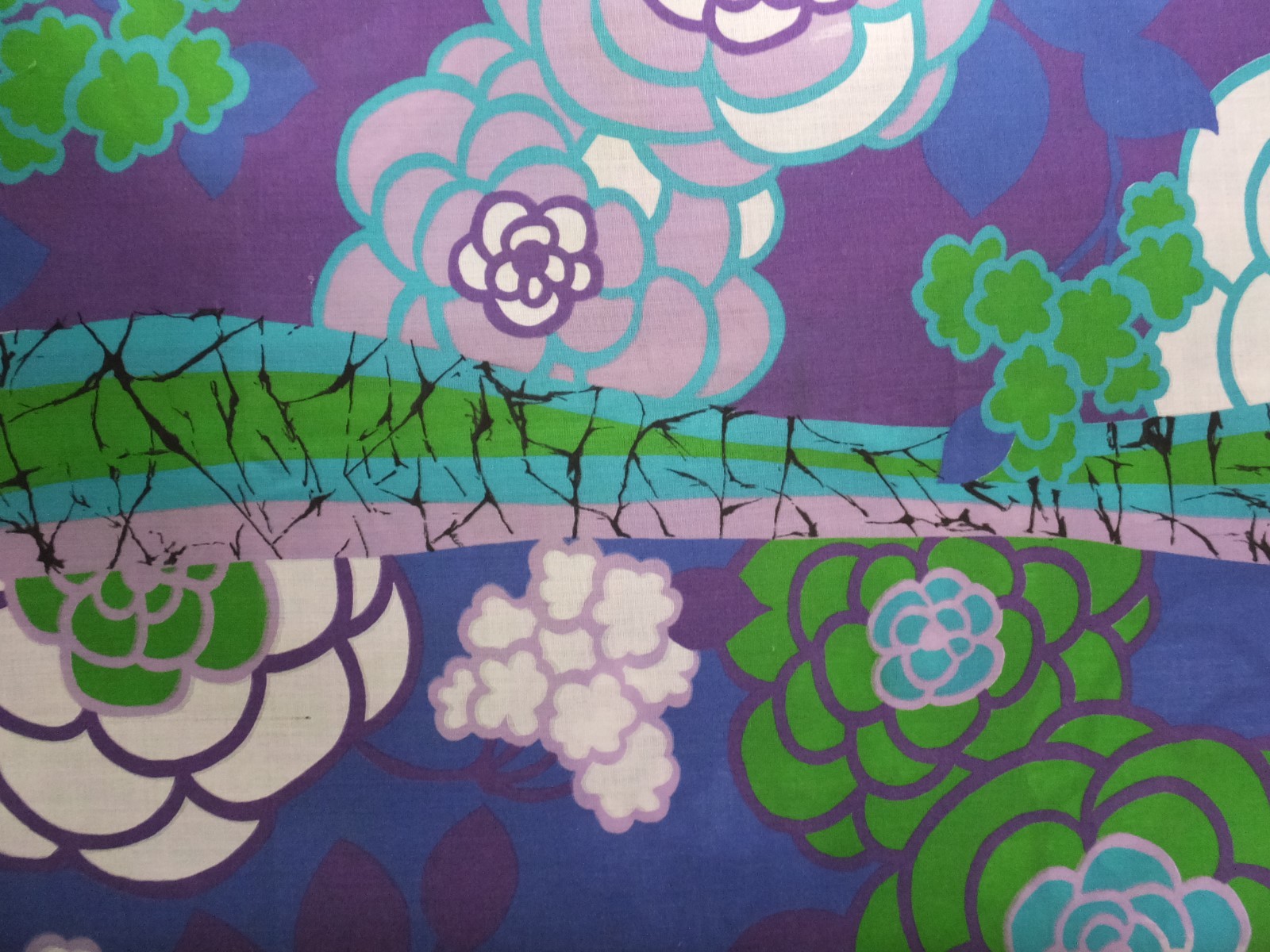 VINTAGE 1960's AQUA BLUE PURPLE LAVENDER GREEN FLORAL ABSTRACT ART COTTON FABRIC