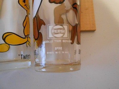2-Pepsi Collector Glasses- Warner 1973 Tweety Bird & MGM 1975 Spike, Thick Glass