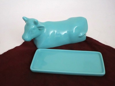 FOOD NETWORK STONEWARE COW BUTTER DISH TEAL TURQUOISE BLUE