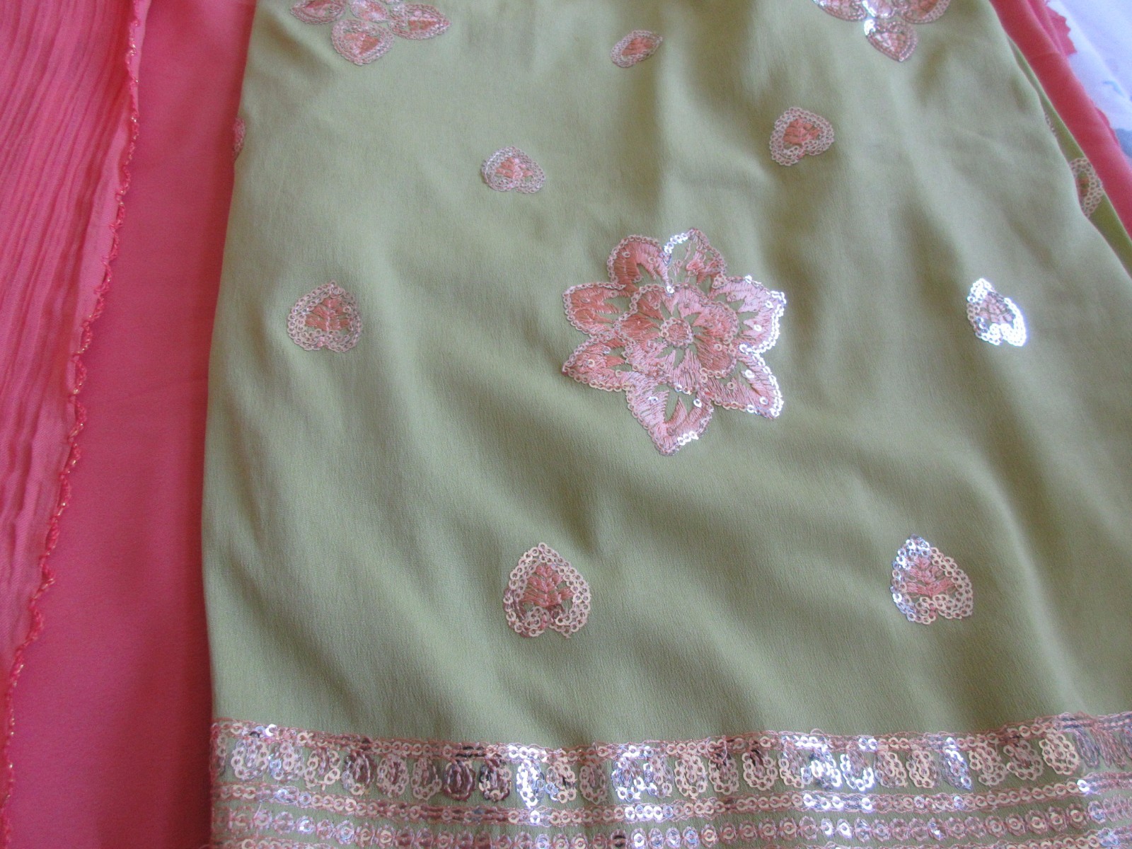 brandnew  3 piece unstiched green orange pure crape gold design  kam dup salwar