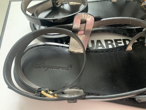 Pre-owned Dsquared2 6.5 7.5 Jeweled Black Patent Leather Ankle Strap Flat Sandals $890