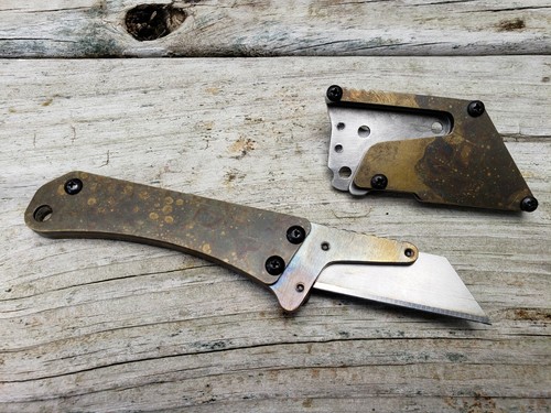 Custom Tarnished Brass Slim EDC Fixed Utility Blade Knife Sheath Belt Clip USA