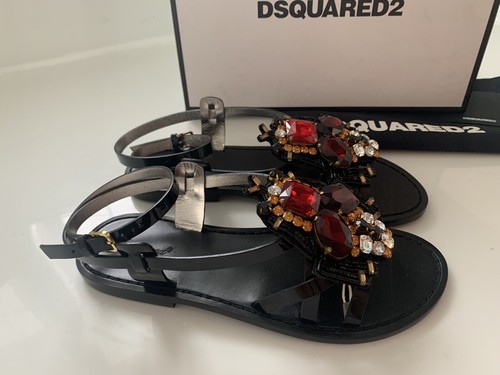 Pre-owned Dsquared2 6.5 7.5 Jeweled Black Patent Leather Ankle Strap Flat Sandals $890