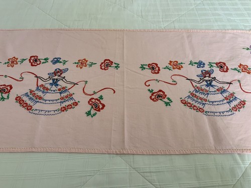 Pink Folk Art Dresser Scarf With Southern Belle, Birds, Flowers 63x16 Cotton
