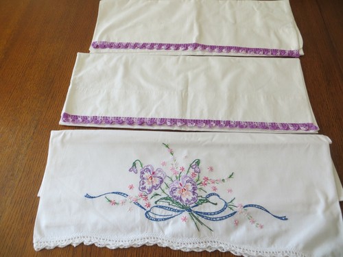 3 Pretty 100% Cotton Pillowcases Lavender Pansies Hand Embroidery Crocheted Trim