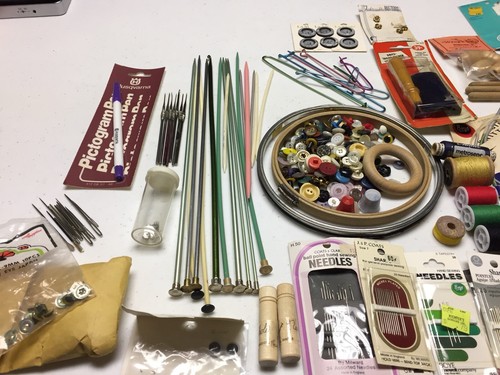 Old CROCHET KNIT SEW NEEDLES THREADS WOODEN BOBBIN BUTTONS PLUS MUCH MORE LOT