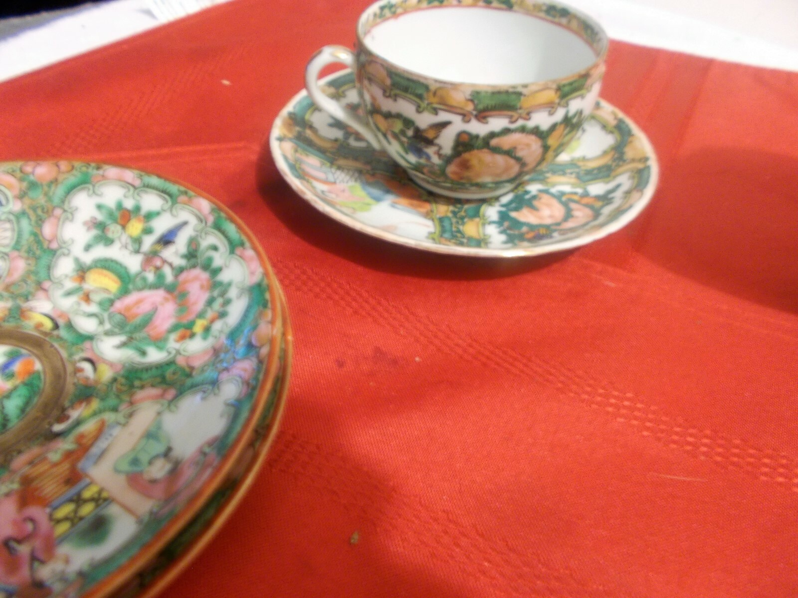 Antique Rose Medallion Cup and Saucer and 2 Saucer Plates