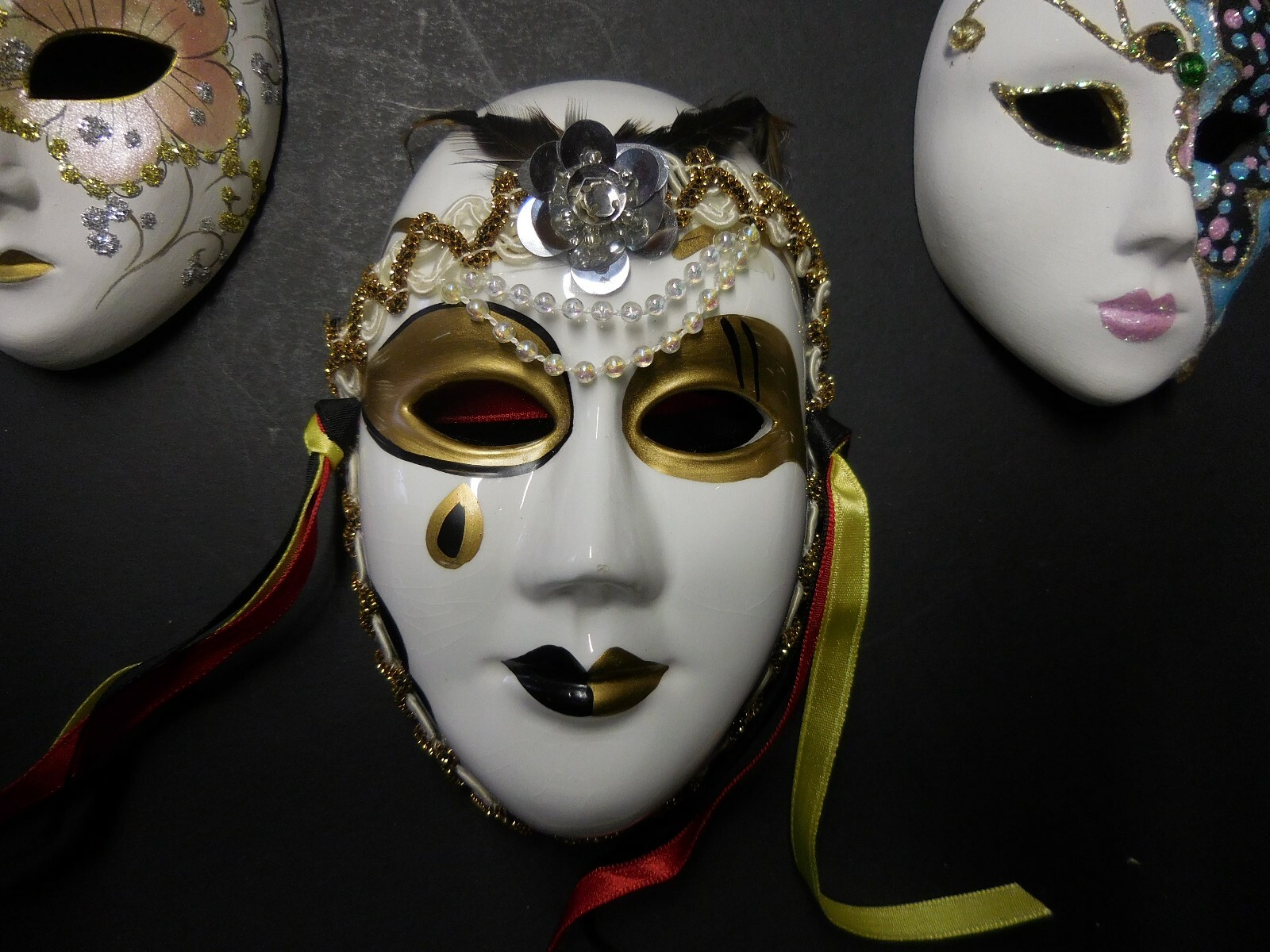 3 Small Decorative Collectable Porcelean Mardi Gras Masks