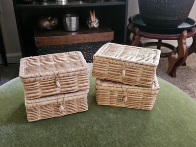 Woven Reed Basket Box W/Attached Lid Lot Of 4 Mini Home Decor 4''×5''
