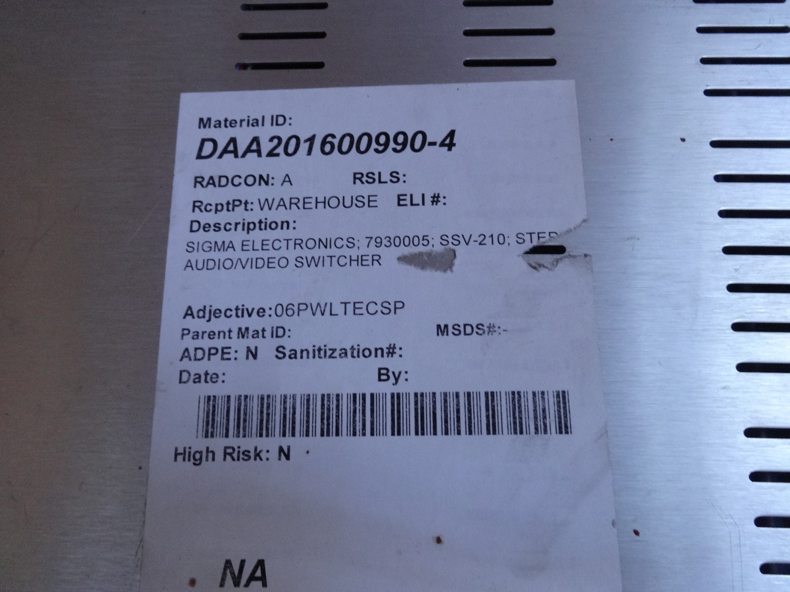 SIGMA ELECTRONICS SSV-210 STEREO/VIDEO SWITCHER