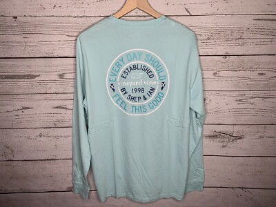 Vineyard Vines Mens Aqua Blue Nautical Badge Whale L/S Tee Shirt Size Medium NWT