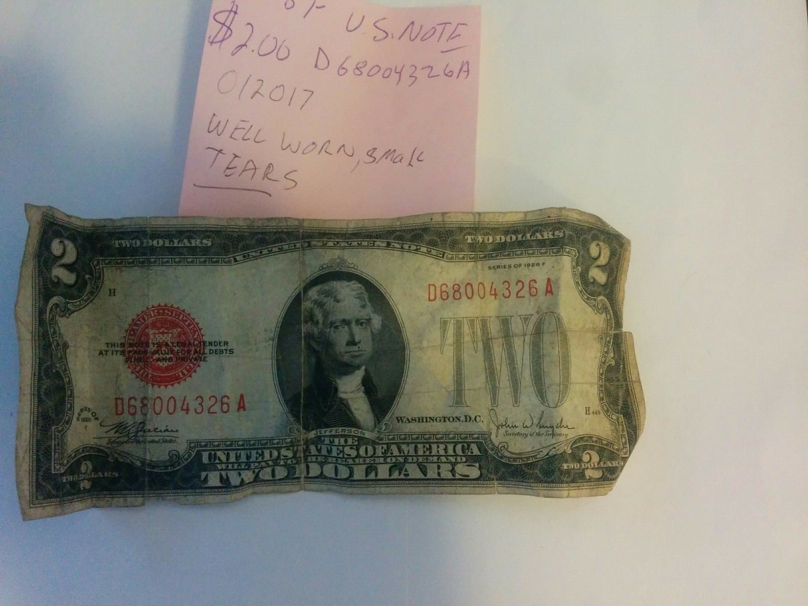 1928F UNITED STATES  NOTE $2.00   WELL WORN 012017