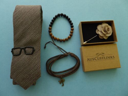 Aster Ganos Tie + Black Glasses Tie Clip + Tropicalia Bracelet + Lapel Flower