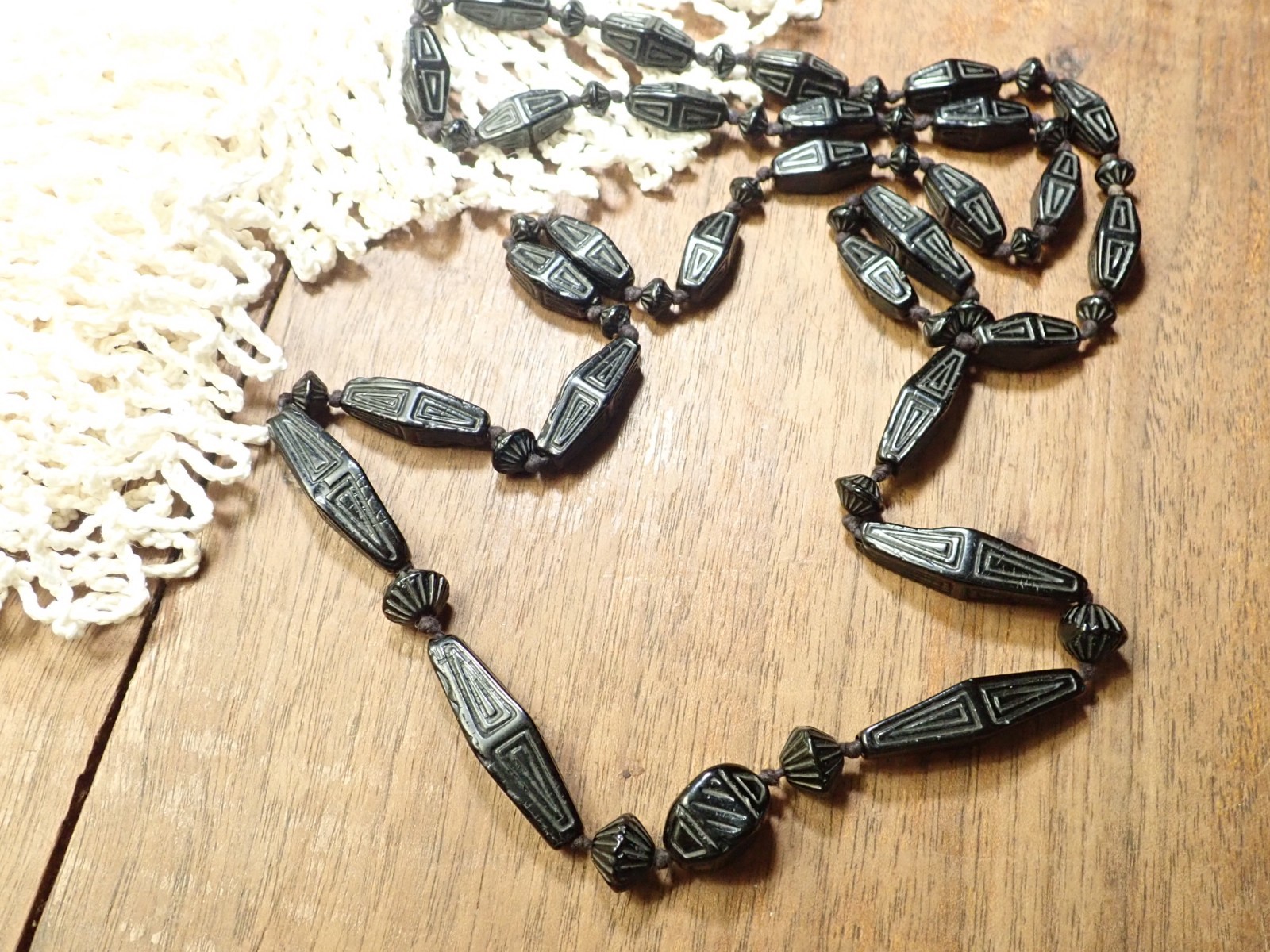 Antique Victorian Bog Oak Mourning Necklace~Hand Carved & Double Knotted~ca1880