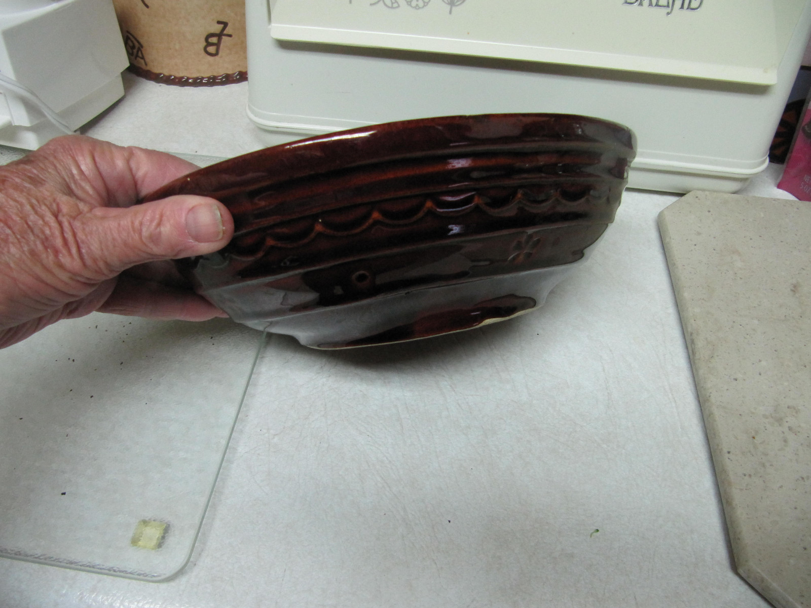 Marcrest Stoneware Pottery Divided Bowl Daisy Dot Brown 10x8 Oven-Proof