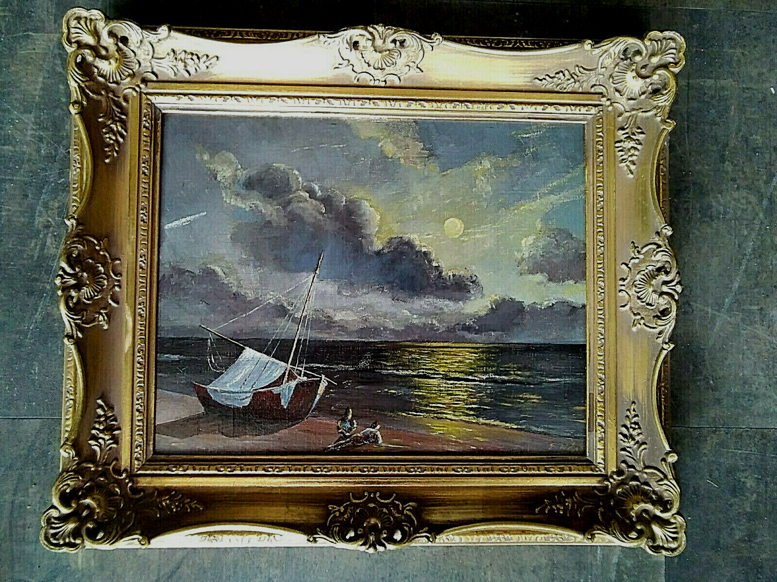 Ölgemälde Bild "Mondnacht an der Adria, Boot See, Prunkrahmen Emil Wäsch 40x34cm