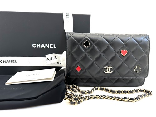 NEW AUTH CHANEL CASINO POKER BLACK LAMBSKIN GOLD WALLET ON