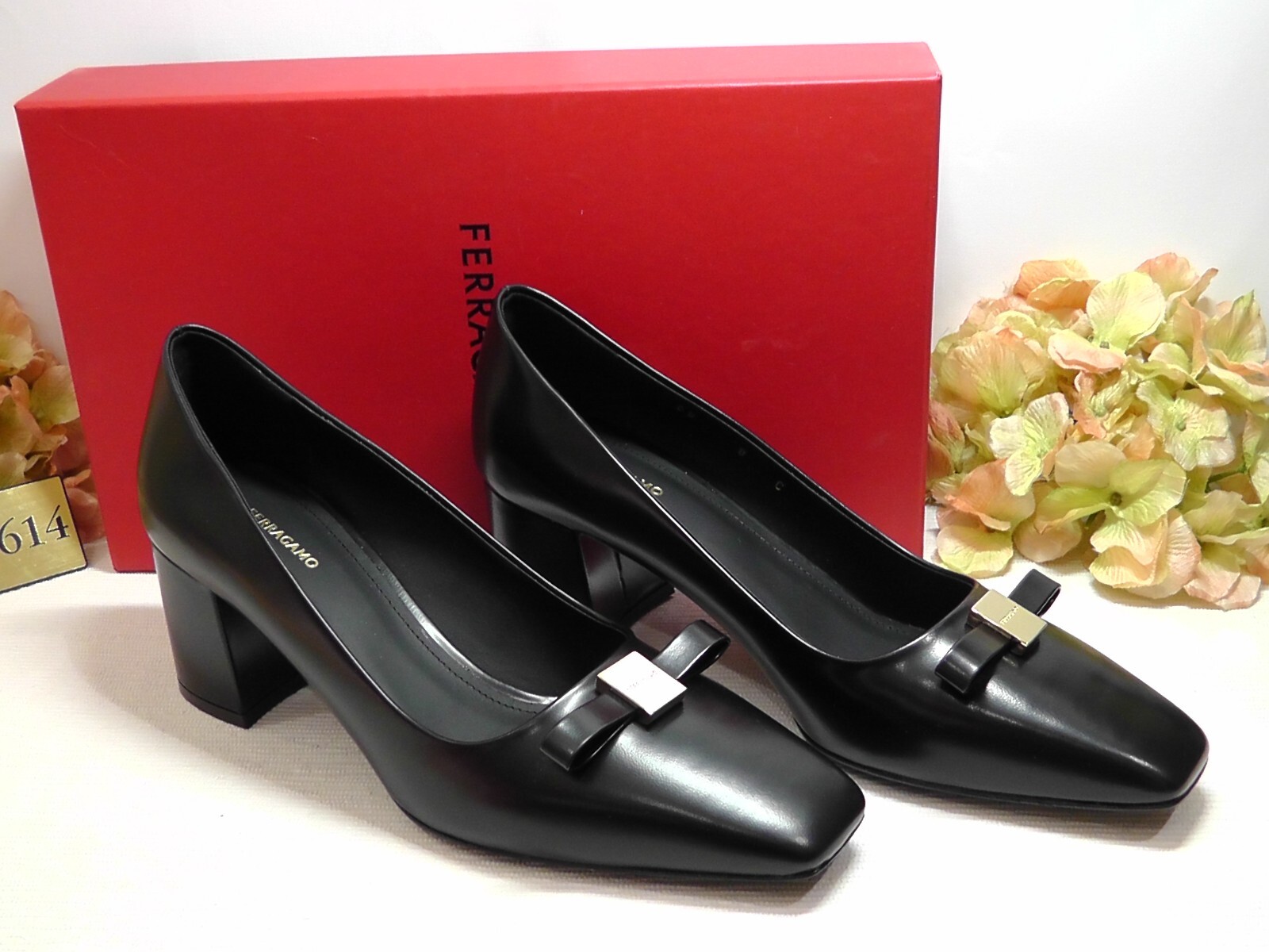 Pre-owned Ferragamo Black Leather Myra Bow Block Heel Pumps Size 9c $850nib