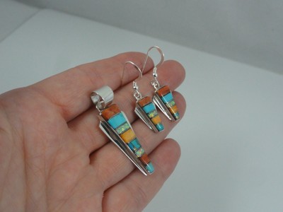 Sterling Silver Turquoise Opal Spiny Oyster Inlay Earrings Pendant Set Striped