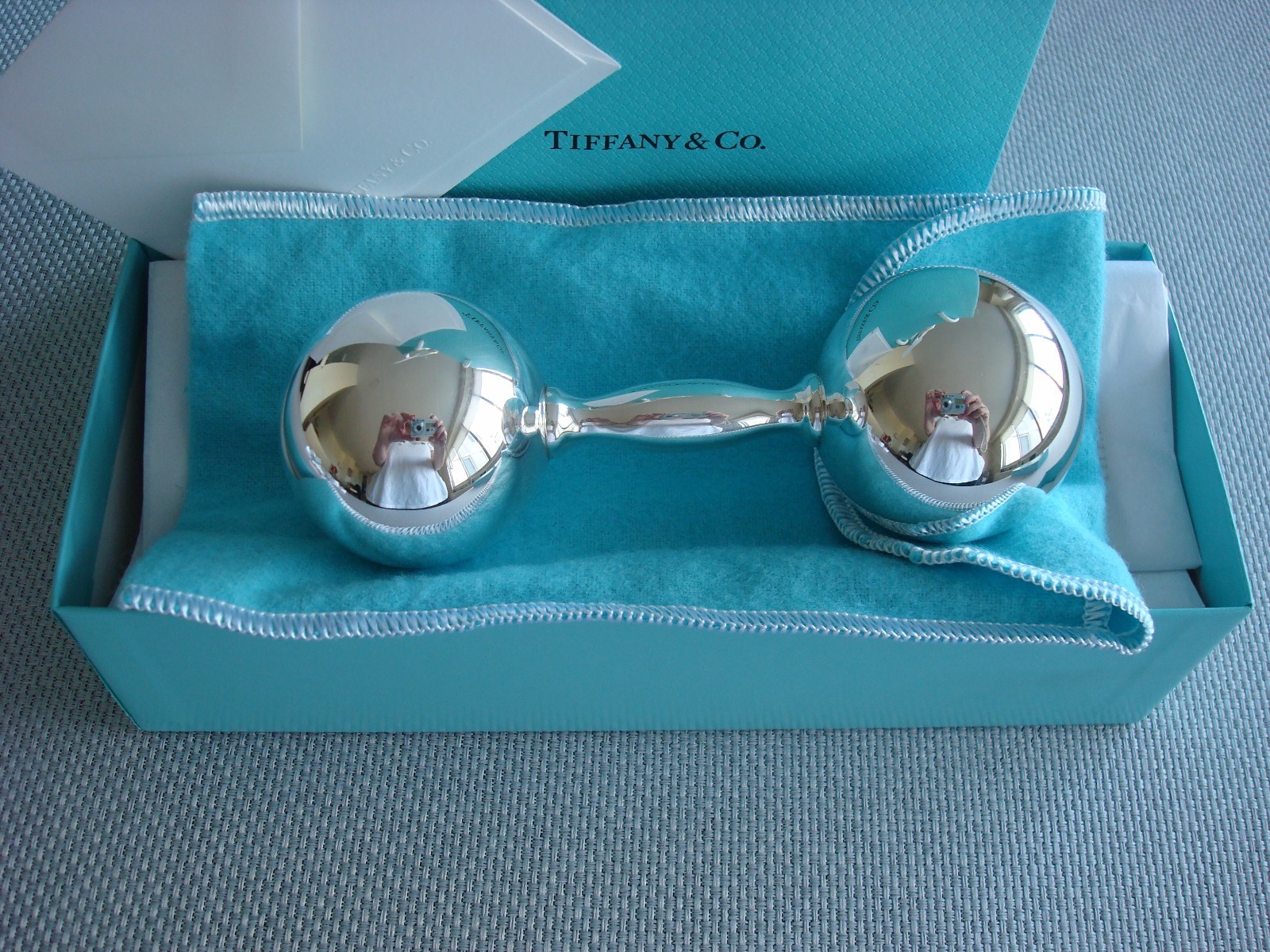 TIFFANY sterling silver ~ NEW ~ LARGE BABY RATTLE BARBELL ~ pouch,box,card