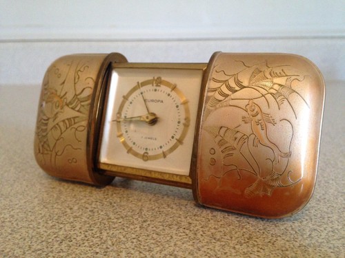 Vintage German EUROPA 7 Jewel Purse Clock, Collapsible & Asian Inscribed, Works