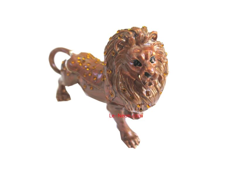 Bejeweled Goldenbrown Lion Hinged Metal Enameled Crystal Trinket Box
