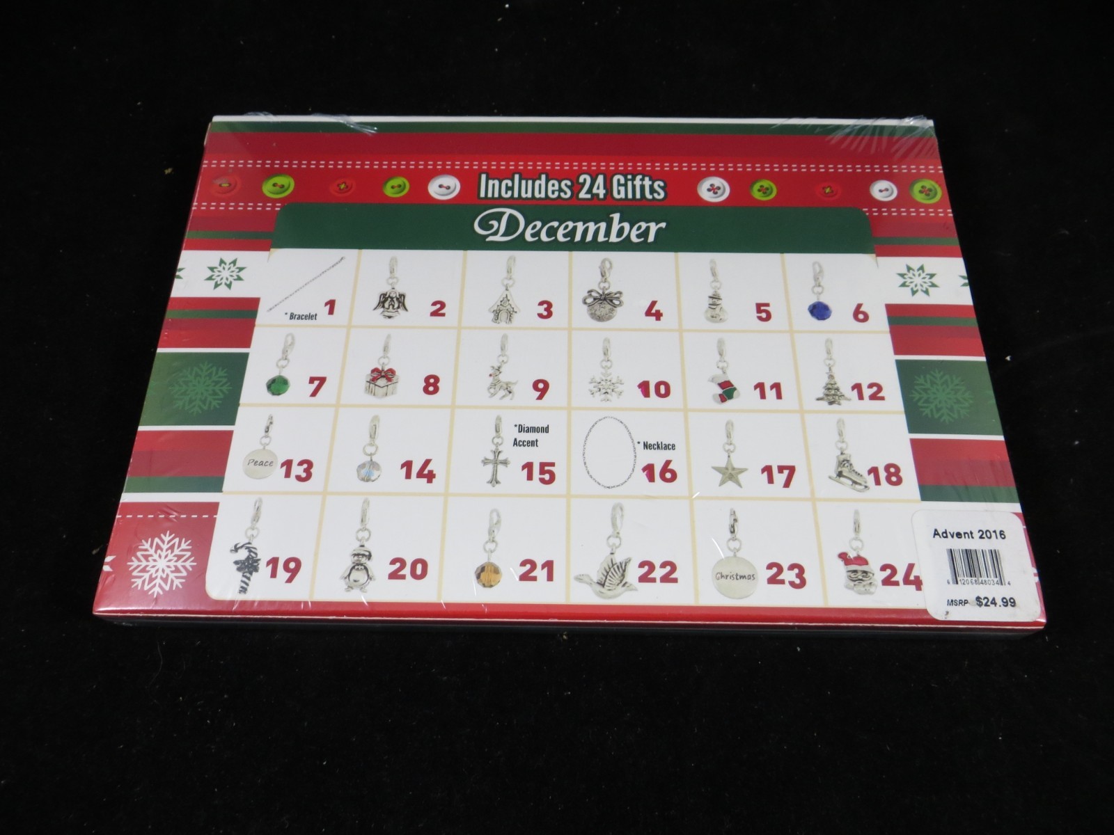 Christmas Advent Calendar Charm Necklace Bracelet-Fine Silver Plated-New in Box