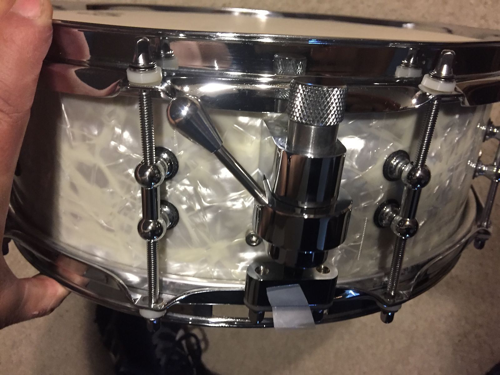 2007 Custom SJC 5 x14 Snare Drum 3 Ply Mahogany White Marine Pearl finish