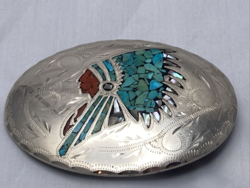 Vtg Hand Made Engraved Turquoise And Coral Inlay Indian Chef Western Belt Buckle