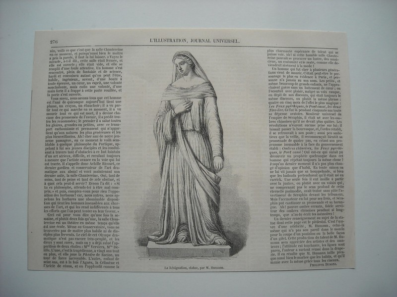 Gravure 1852. La Resignation, Statue Par M. Humann. Avec Petit Explicatif.