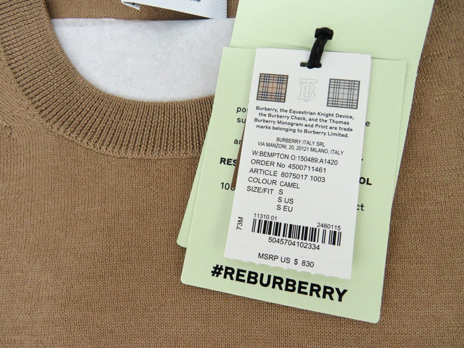 Pre-owned Burberry $830  Bempton Camel Merino Wool Elbow Check Patches Pullover Sweater S In Beige