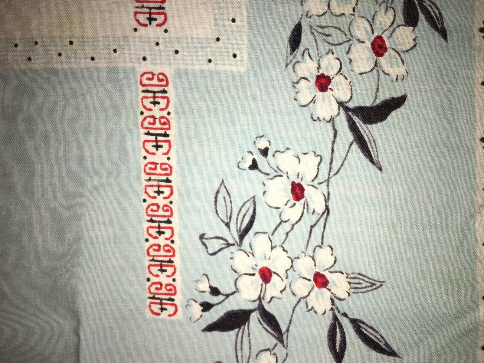 Vintage 1940's Table cloth Pastel Blue and Red Roses Square 43 X 43 inches