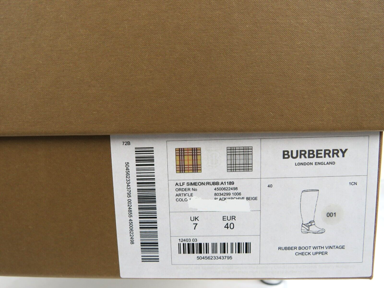 Pre-owned Burberry Simeon Black Rubber Beige Check Logo Knee High Rain Boots Us 10 Eu 40