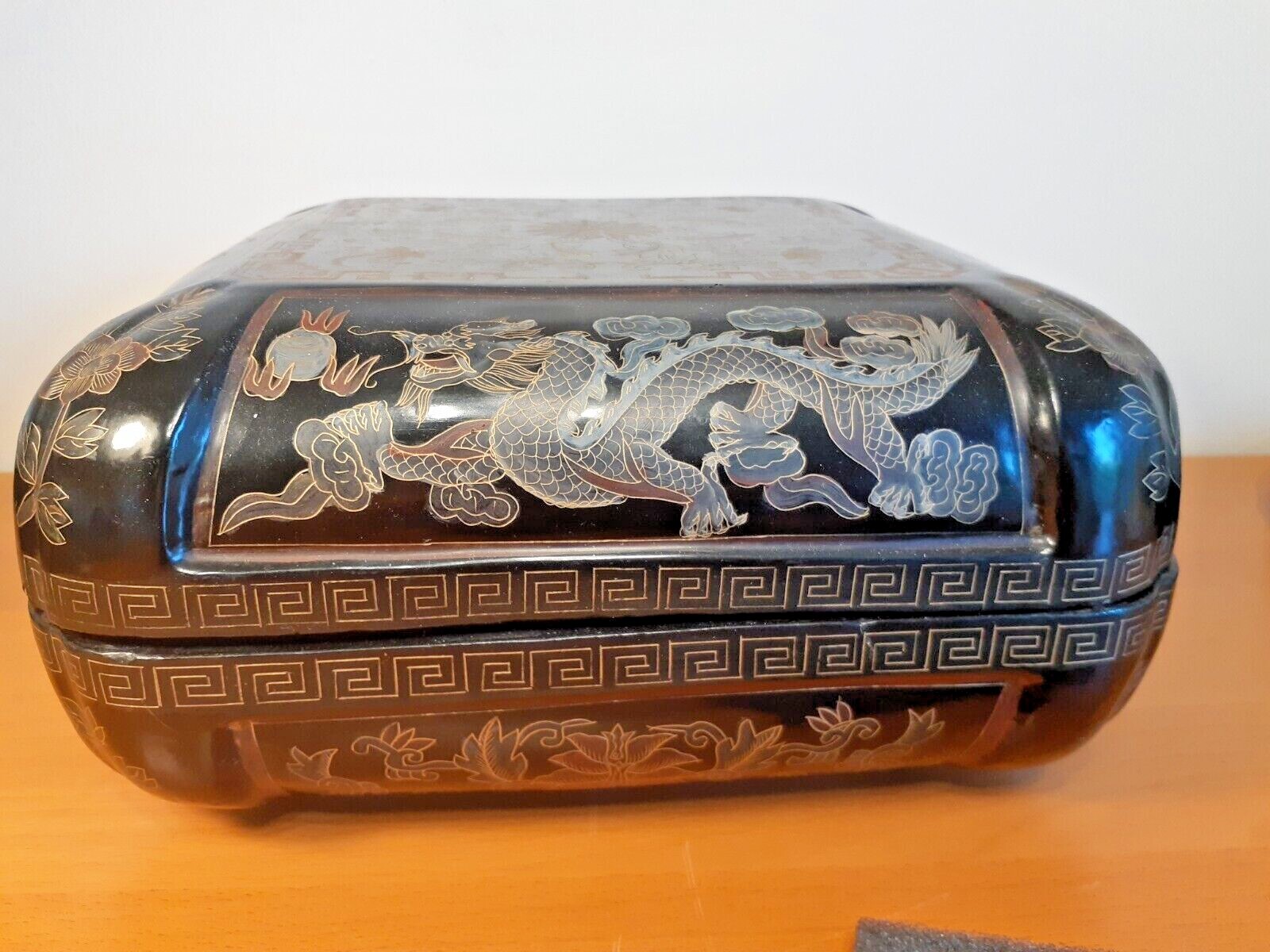 Large Vintage Chinese Black Lacquer Box Decorated with