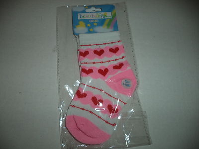 Pink And White Girls Socks With Red Hearts Size Three To Twelve Mo