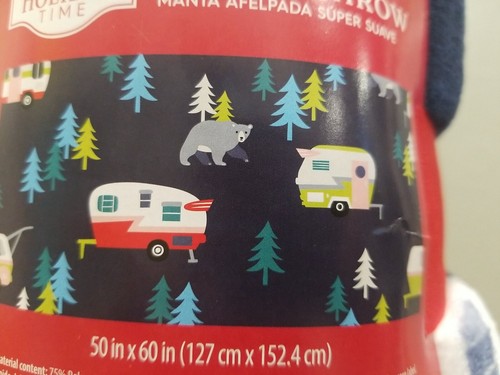 NEW SUPER SOFT COZY PLUSH THROW BLANKET 50" X 60" CAMPER WITH BEARS & TREES BLUE