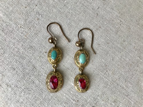 Vintage Antique Georgian Turquoise and Pink Tourmaline Hanging Earrings, UK