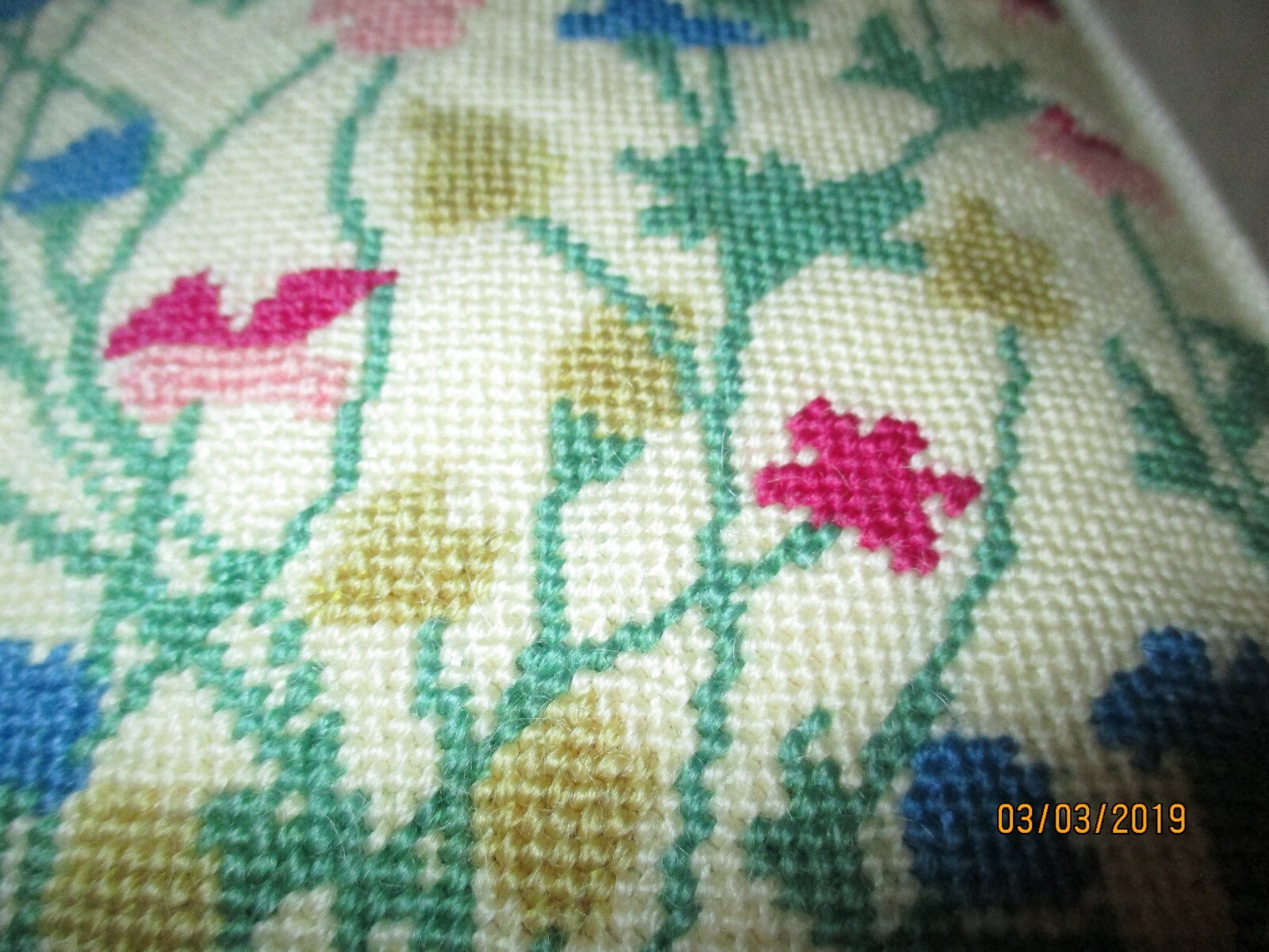Vintage Floral Needlepoint Wool Embroidered Throw Pillow; Linen  9