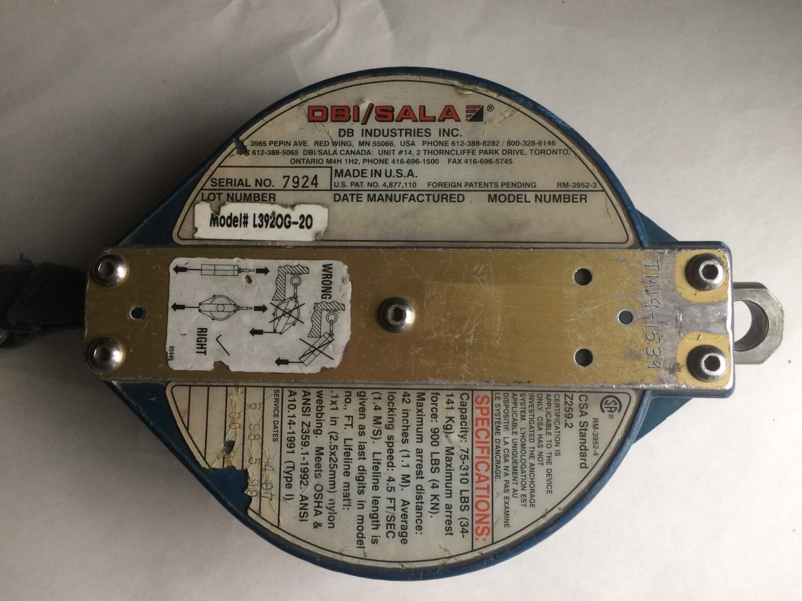 DBI/SALA DB Industries Ultra Lok Self Retracting Lifeline 20 Ft 6367 L3920G 20