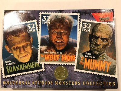 Universal Studios Monsters Collection Frankenstein Wolf Man Mummy & Stamp Sheet
