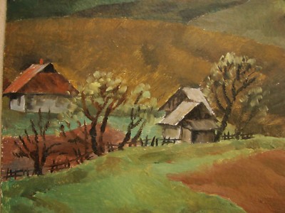 Ukrainian Soviet Oil Painting Landscape Village panorama realism trees