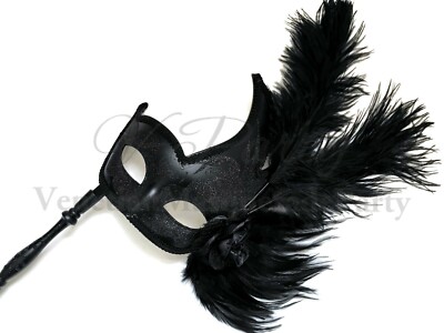 Black Masquerade Feather stick mask Pair Costume Prom Bachelor Black Tie Party