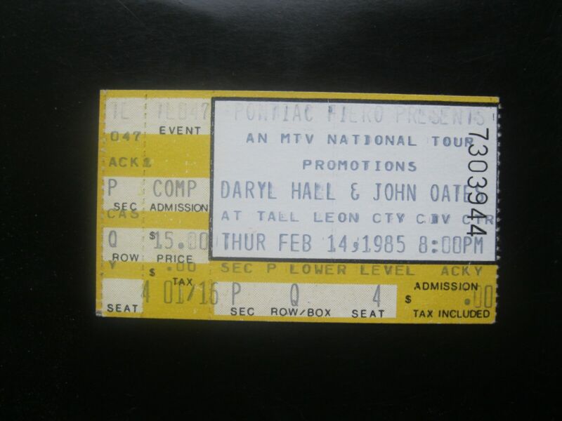Daryl Hall and John Oates Ticket Stub 2/14/85 Tallahassee Leon County Civic Cntr
