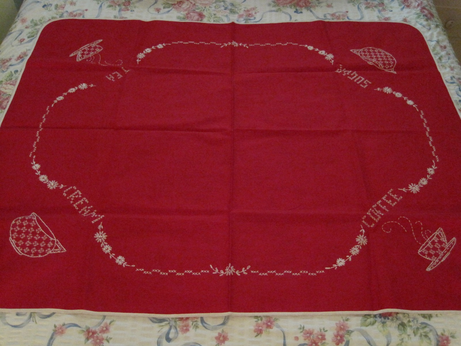 Adorable Vintage Red & White Embroidered Tablecloth w/matching Toaster Cover