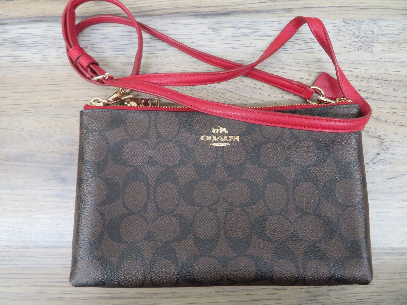 Coach Signature Double Zip Small Purse Brown / Red | eBay