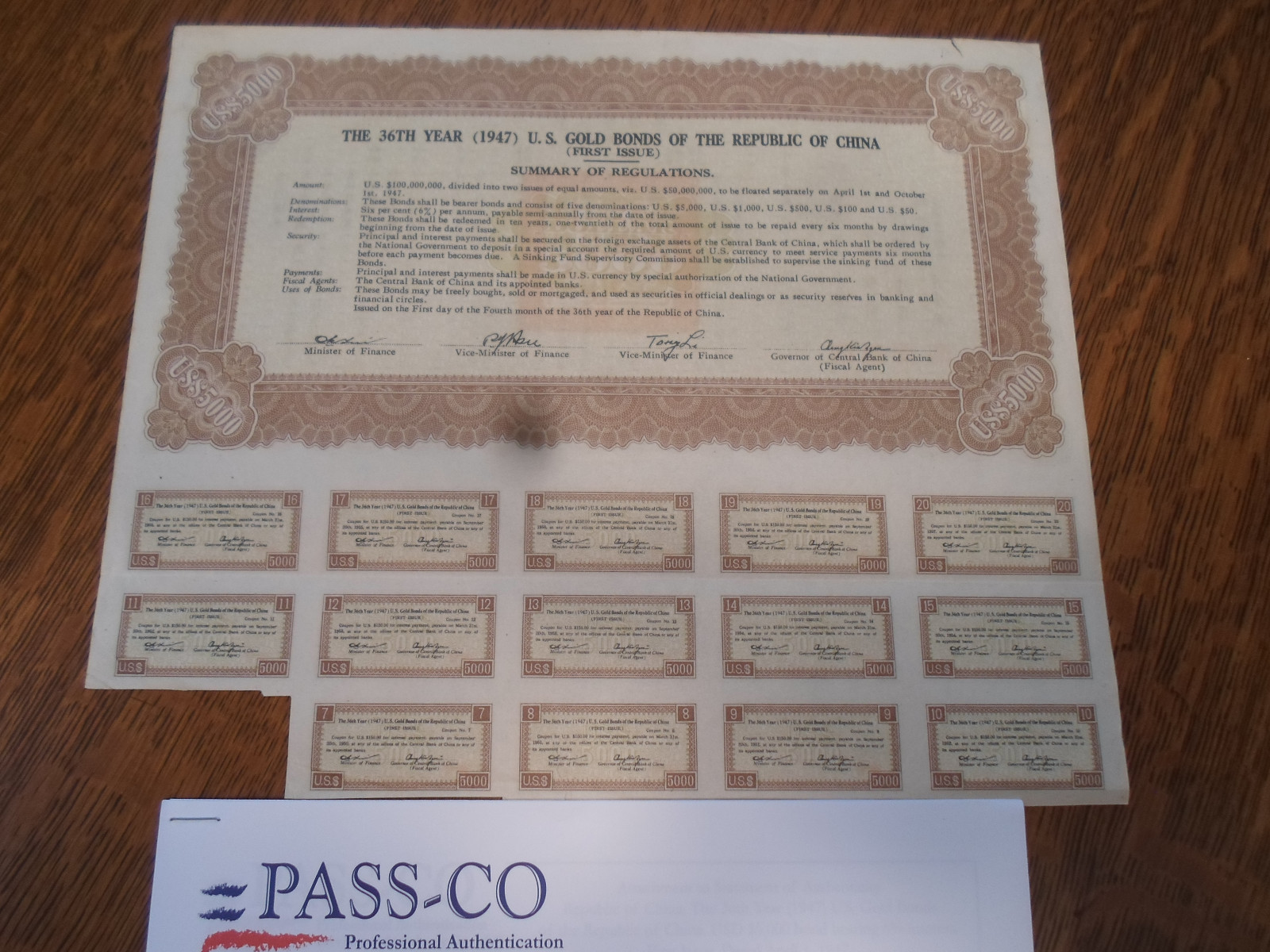 China Bond 1947 $5,000 w/ Coupons Uncancelled PASS-CO