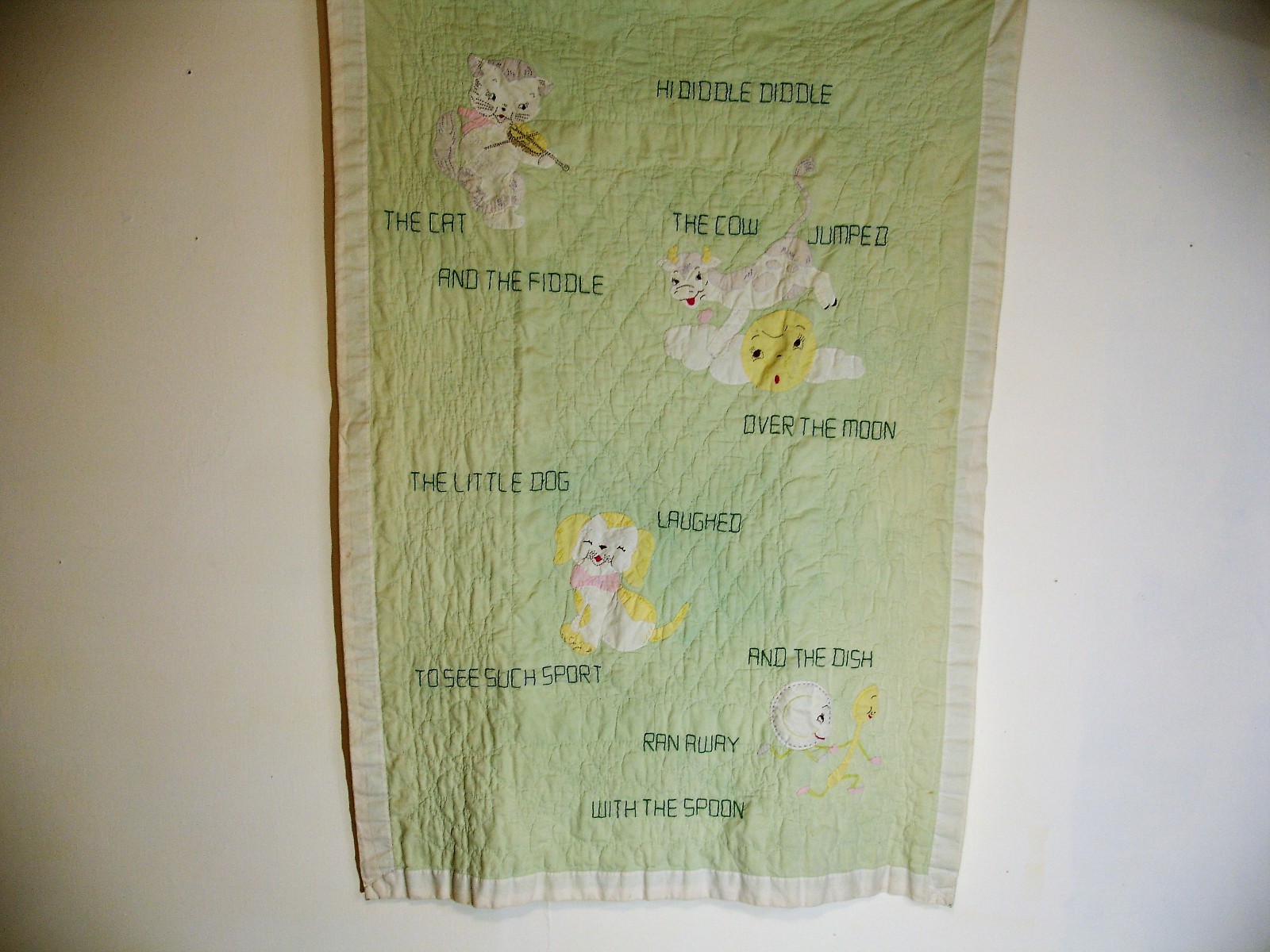 Q 20 Vintage Crib or Baby  Quilt Embroidered, Appliqued, Hey Diddle Diddle