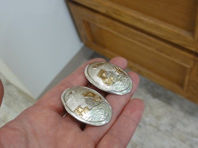 Estate Sterling Silver Large Pueblo Pottery Tooled Clip On Earrings Gold Accent